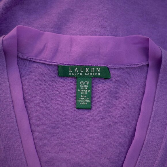 Ralph Lauren Purple Linen Blend Cardigan Womens XS/TP V-Neck Chiffon Trim Preppy - Picture 6 of 7